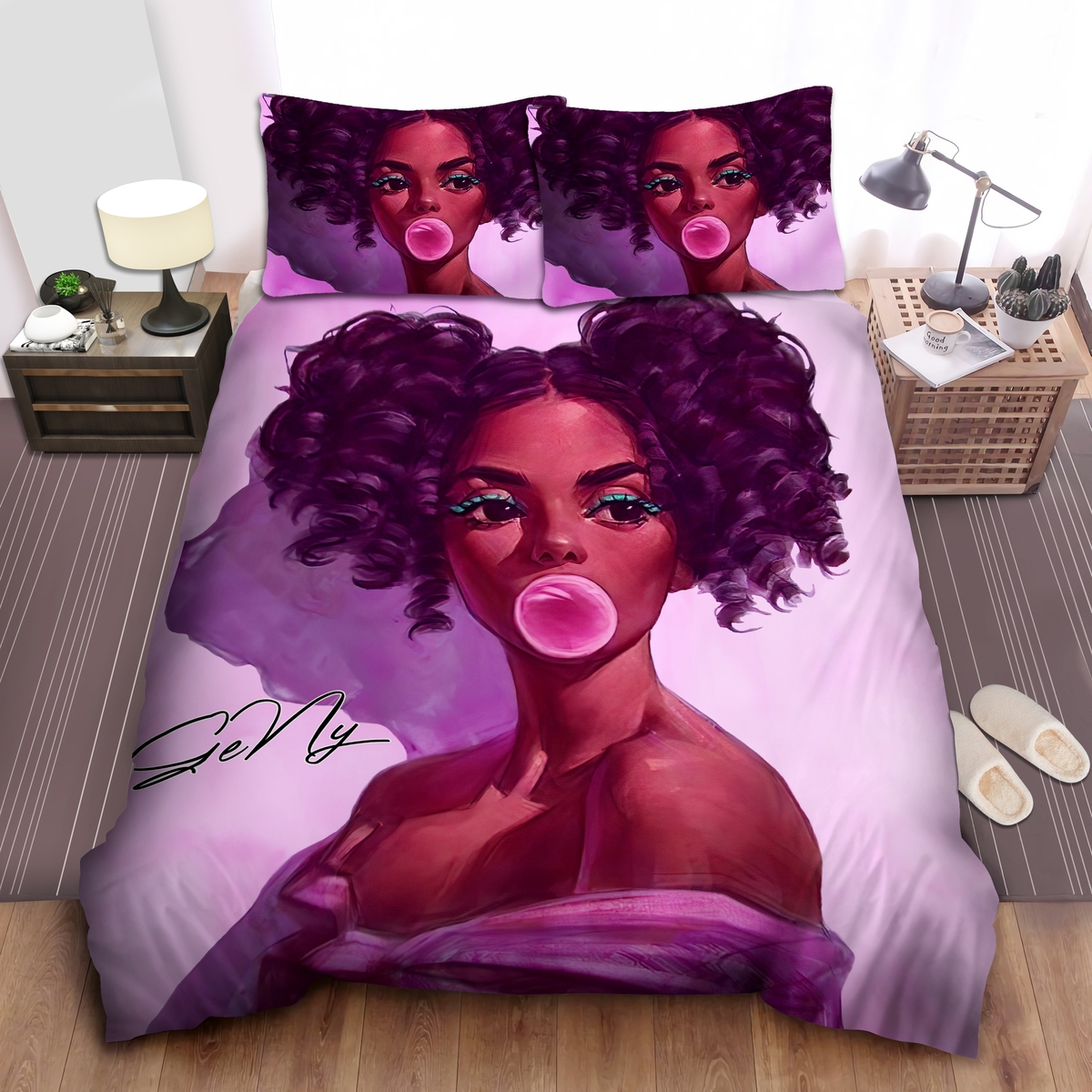 Black Girl Pink Bubble Gum African Custom Name Duvet Cover Bedding Set - Unique Anime Apparel for Fans
