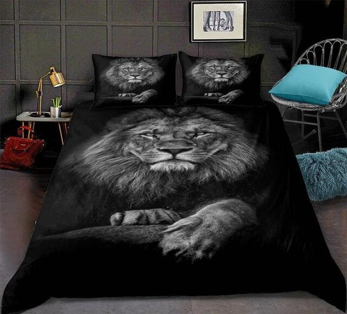 Black Lion Pattern Lifelike Print Bed Sheets Spread Duvet Cover Bedding Set - Unique Anime Apparel for Fans