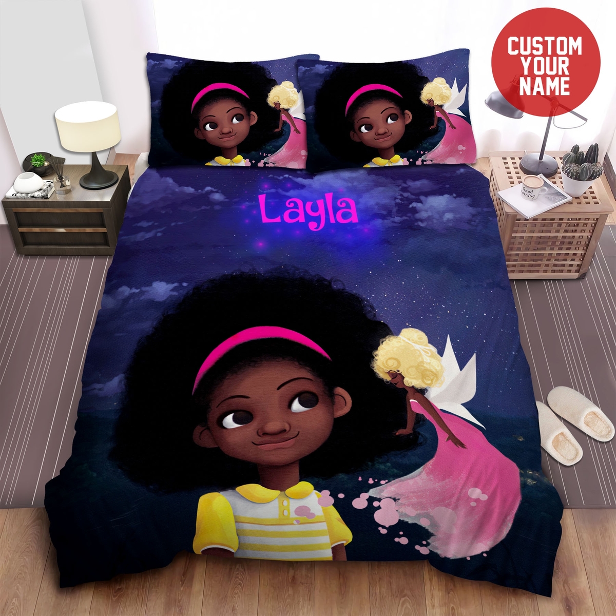 Black Little Girl And Black Fairy Black Girl Magic Custom Name Duvet Cover Bedding Set - Unique Anime Apparel for Fans