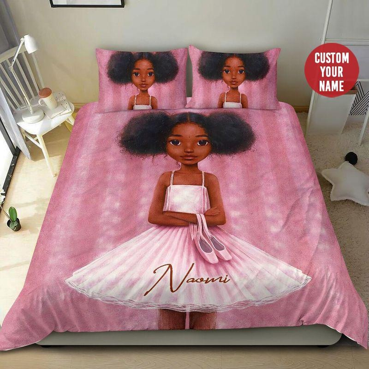 Black Little Girl Ballet Pink Custom Name Duvet Cover Bedding Set - Unique Anime Apparel for Fans