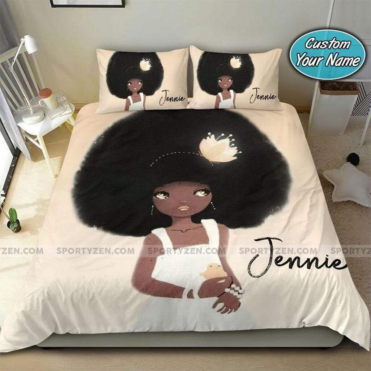 Black Little Girl Gorgeous Afro With Duck Bedding Personalized Custom Name Duvet Cover Bedding Set - Unique Anime Apparel for Fans
