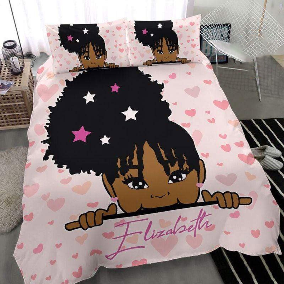 Black Little Girl Heart Star Personalized Custom Name Duvet Cover Bedding Set - Unique Anime Apparel for Fans