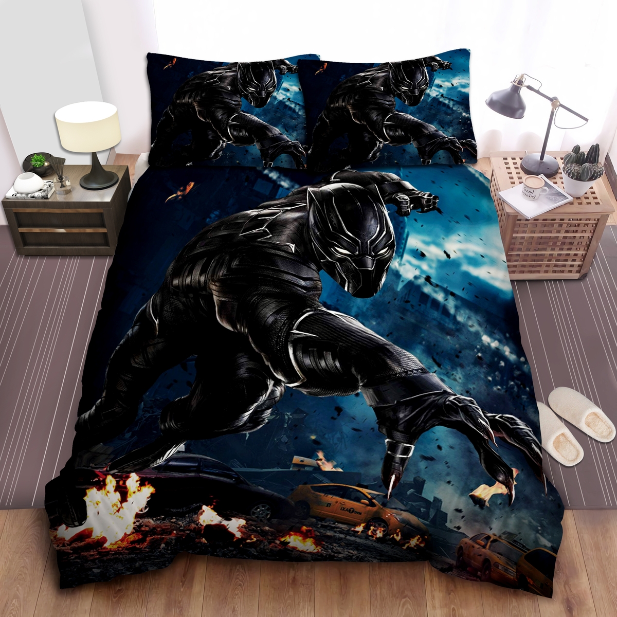 Black Panther On Flaming Road Bed Sheets Spread Duvet Cover Bedding Set - Unique Anime Apparel for Fans