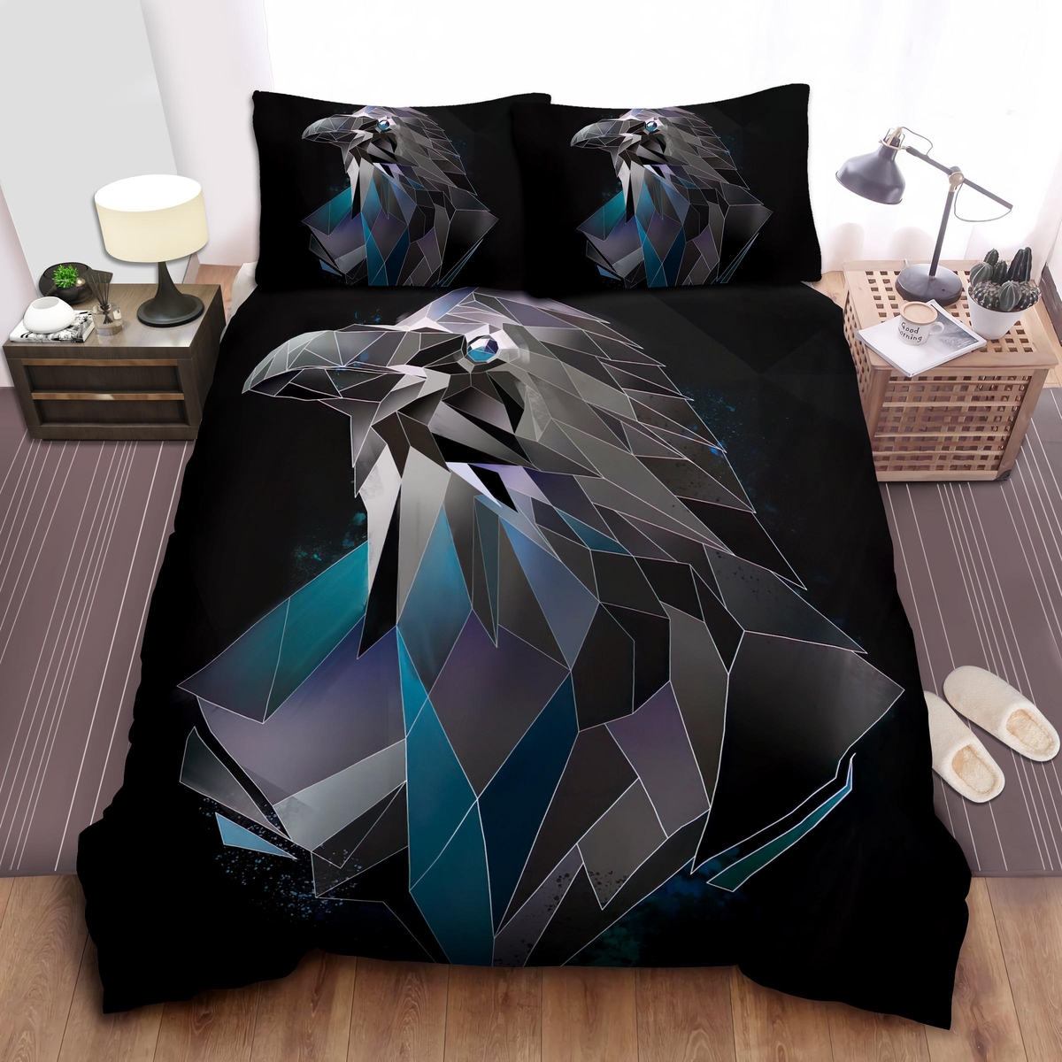 Black Raven In Polygon Artwork Bed Sheets Spread Duvet Cover Bedding Set - Unique Anime Apparel for Fans
