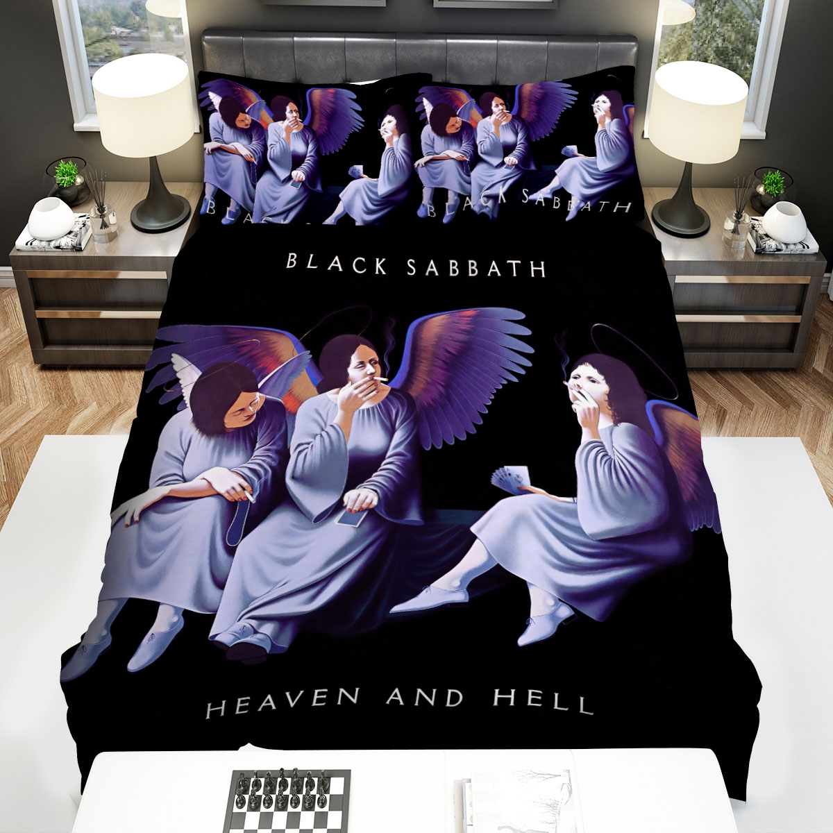 Black Sabbath Heaven & Hell Smoking Angel Bed Sheets Spread Duvet Cover Bedding Set - Unique Anime Apparel for Fans