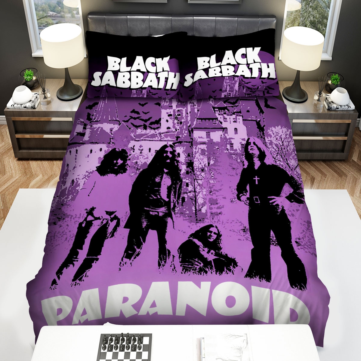 Black Sabbath Paranoid Members In Front Of The Castle Bed Sheets Spread Comforter Duvet Cover Bedding Set - Unique Anime Apparel for Fans