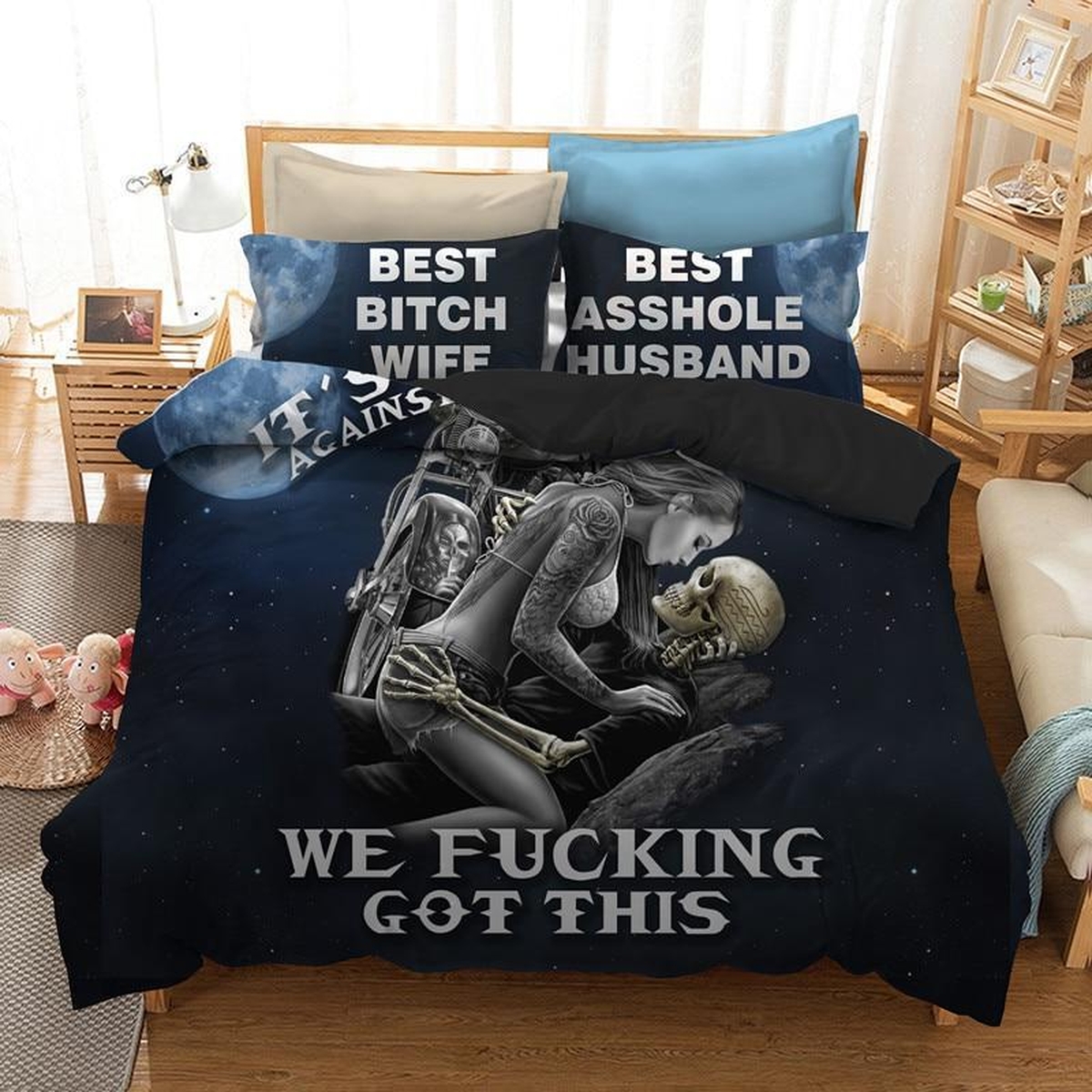 Black Skull And Motorcycle Bedding Set Queen Size 3d Couple Kissing Skull (Duvet Cover & Pillow Cases) - Unique Anime Apparel for Fans