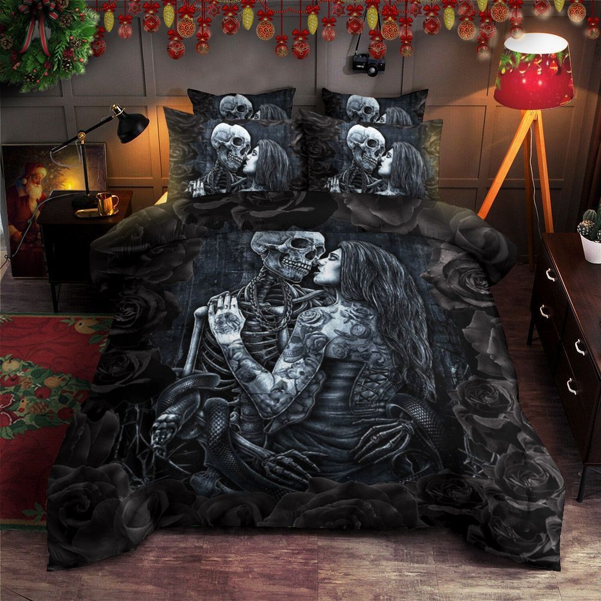 Black Skull And Rose Bed Sheets Spread Duvet Cover Bedding Set Perfect Gifts For Skull Lover Gifts For Birthday Christmas Thanksgiving - Unique Anime Apparel for Fans