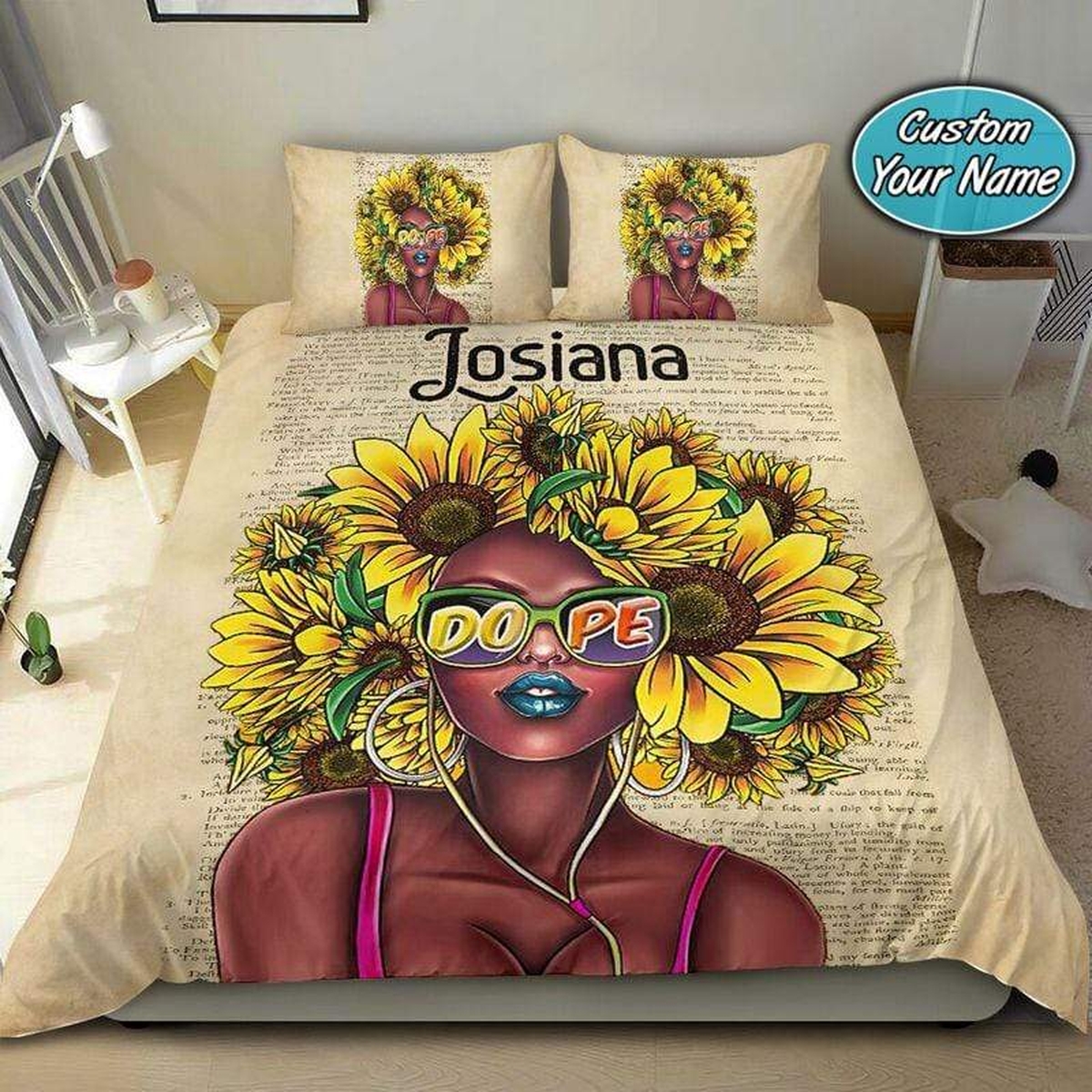 Black Sunflower Girl Dope Personalized Custom Name Duvet Cover Bedding Set - Unique Anime Apparel for Fans