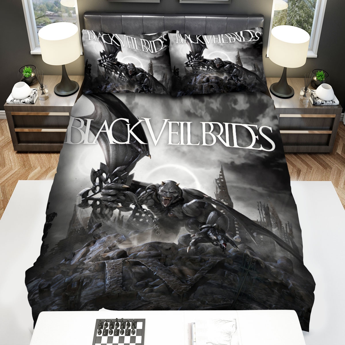 Black Veil Brides & The Demon With Wings Bed Sheets Spread Duvet Cover Bedding Set - Unique Anime Apparel for Fans