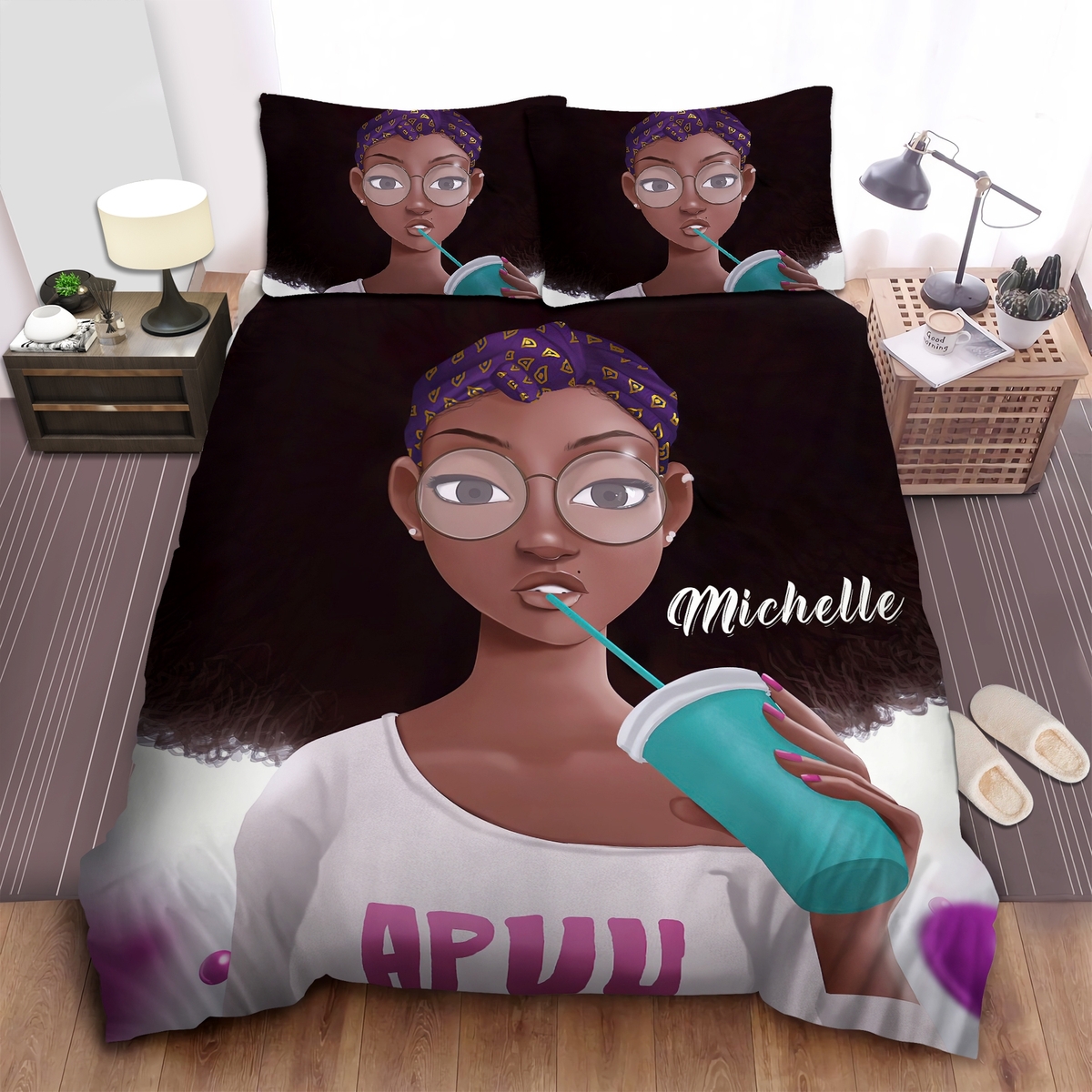 Black Woman Drinking Personalized Custom Name Duvet Cover Bedding Set - Unique Anime Apparel for Fans