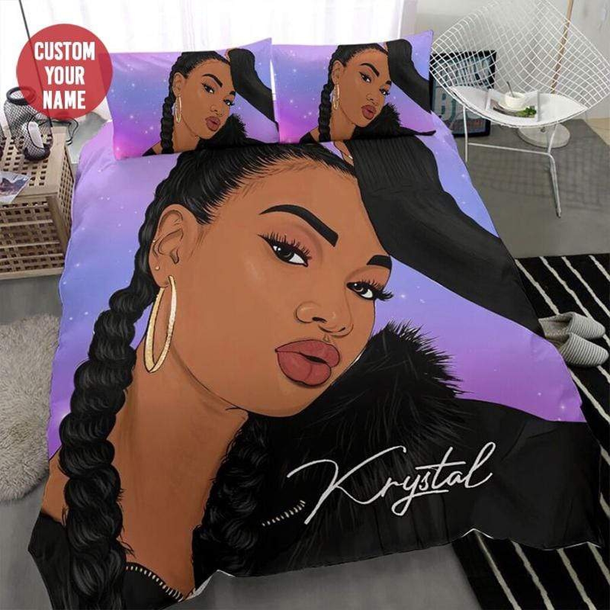 Black Woman Purple Custom Name Duvet Cover Bedding Set - Unique Anime Apparel for Fans