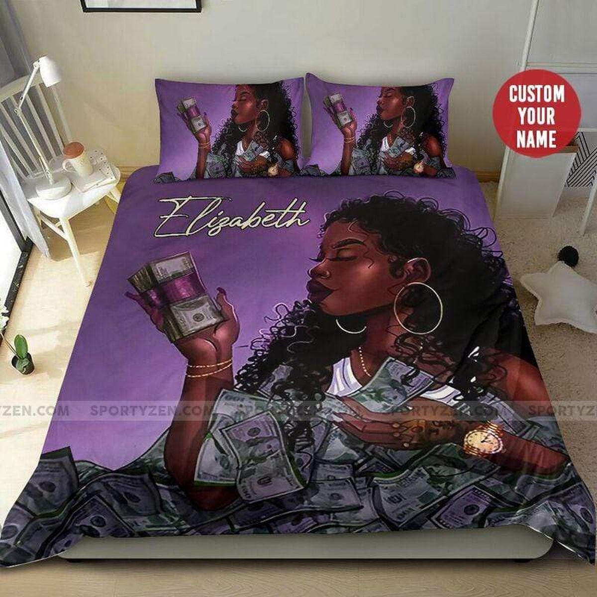 Black Woman With Money African Custom Name Duvet Cover Bedding Set - Unique Anime Apparel for Fans