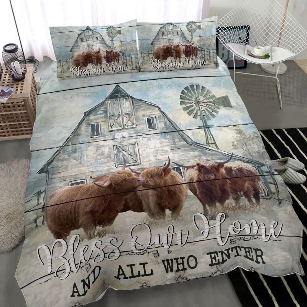 Bless Our Home And All Who Enter Highland Cattle Bed Sheets Spread Duvet Cover Bedding Set - Unique Anime Apparel for Fans