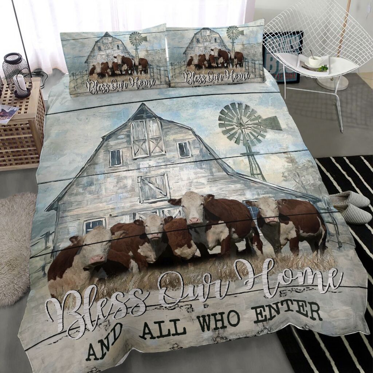 Bless Our Home And Who Enter Hereford Cow Bed Sheets Spread Duvet Cover Bedding Set - Unique Anime Apparel for Fans