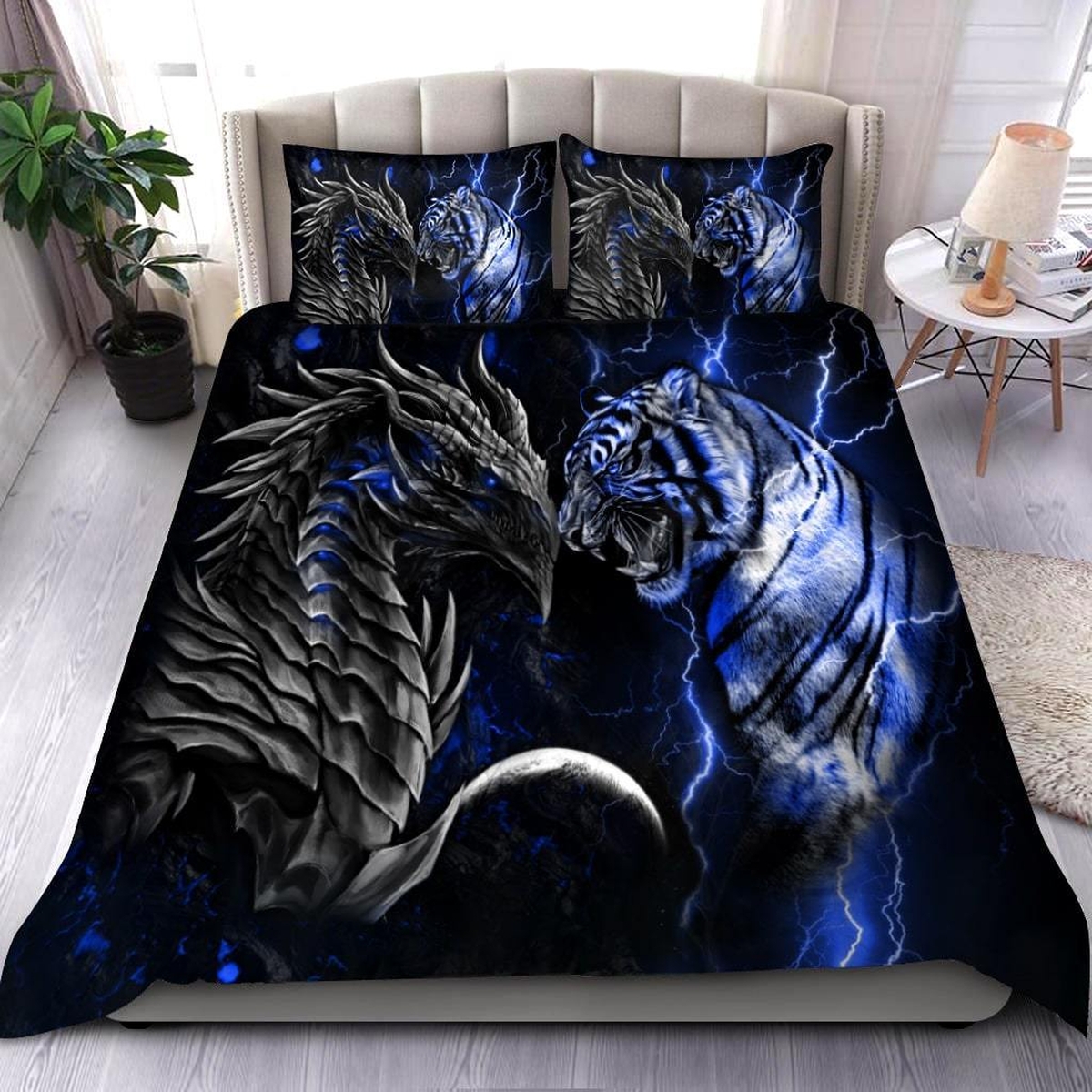 Blue Dragon And Tiger Bed Sheets Spread Duvet Cover Bedding Set - Unique Anime Apparel for Fans