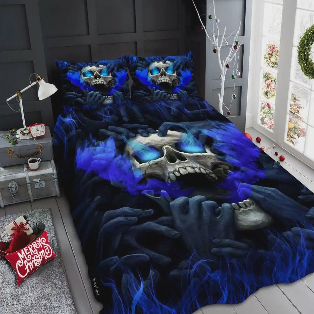Blue Eyes Screaming Skull Bed Sheets Spread Duvet Cover Bedding Setn - Unique Anime Apparel for Fans