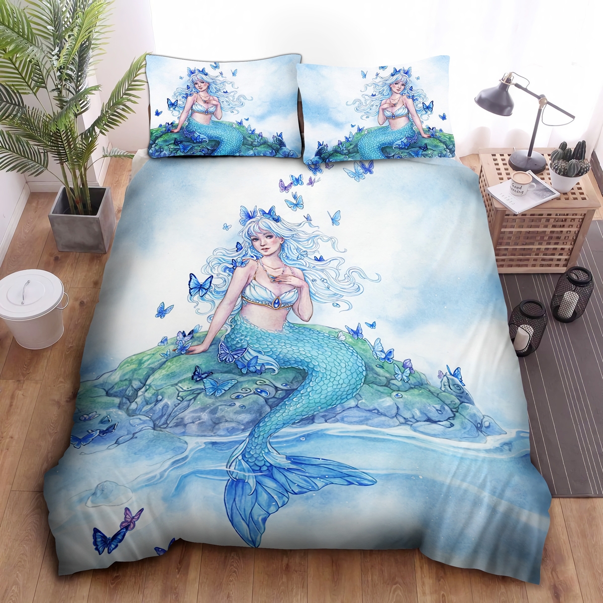 Blue Mermaid Sit On The Rock Bed Sheets Spread Duvet Cover Bedding Set - Unique Anime Apparel for Fans