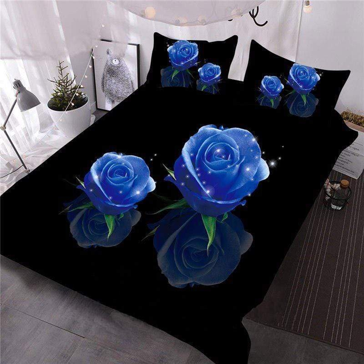Blue Rose On Black Duvet Cover Bedding Set - Unique Anime Apparel for Fans