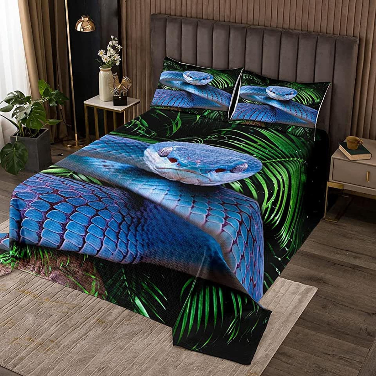 Blue Snake In Palm Leaf Bed Sheet Duvet Cover Bedding Set - Unique Anime Apparel for Fans