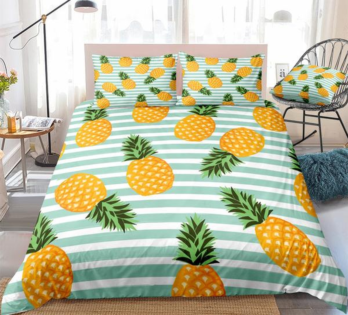 Blue Striped Pineapple Bed Sheets Spread Duvet Cover Bedding Set - Unique Anime Apparel for Fans