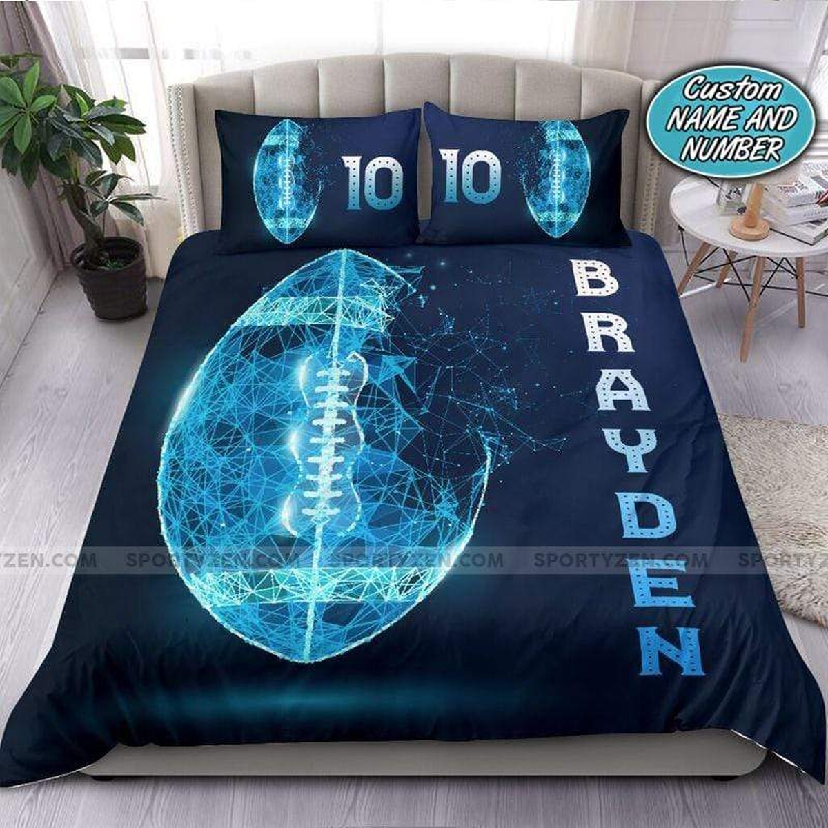 Blue Tech Light Football Ball Personalized Custom Name Duvet Cover Bedding Set - Unique Anime Apparel for Fans