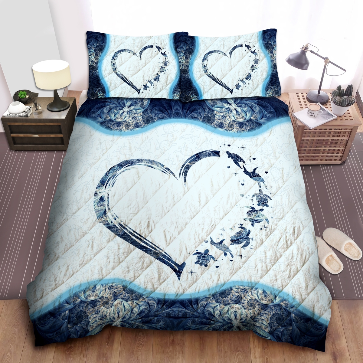 Blue Turtle Heart Quilt Bedding Set - Unique Anime Apparel for Fans