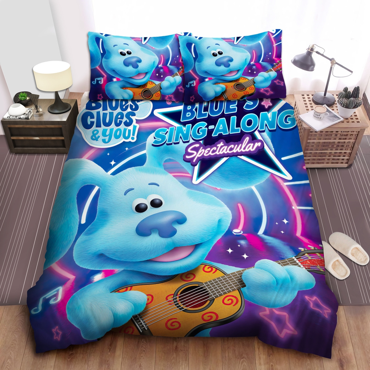 Blue's Clues Blue Dog Playing Guitar Bed Sheets Spread Comforter Duvet Cover Bedding Set - Unique Anime Apparel for Fans