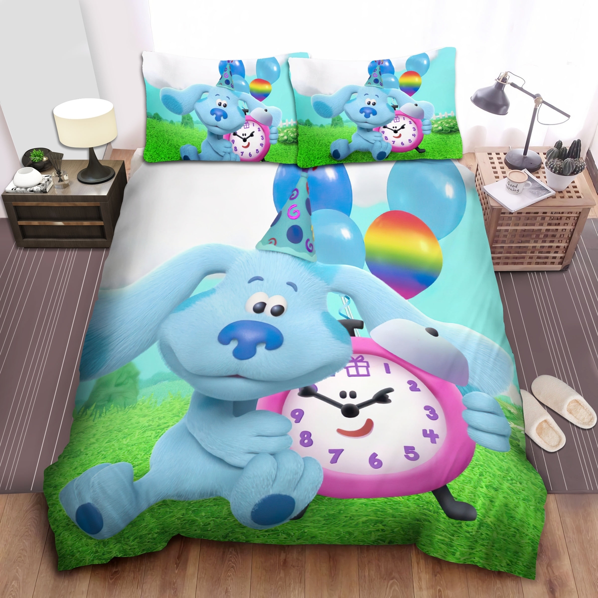 Blue's Clues Hugging Clock Bed Sheets Spread Comforter Duvet Cover Bedding Set - Unique Anime Apparel for Fans