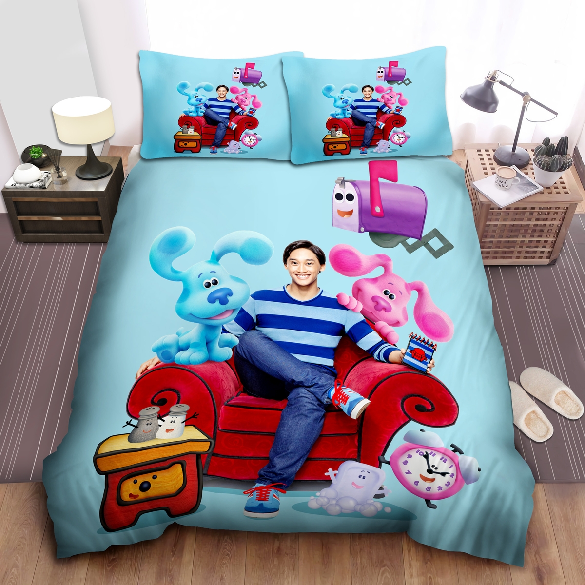 Blue's Clues Mail Box Blue And Pink Dogs Clocks Josh Sitting On Red Chair Bed Sheets Spread Comforter Duvet Cover Bedding Set - Unique Anime Apparel for Fans