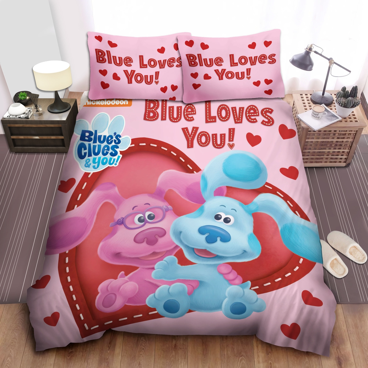 Blue's Clues Pink And Blue Dogs Heart Sign Bed Sheets Spread Comforter Duvet Cover Bedding Set - Unique Anime Apparel for Fans