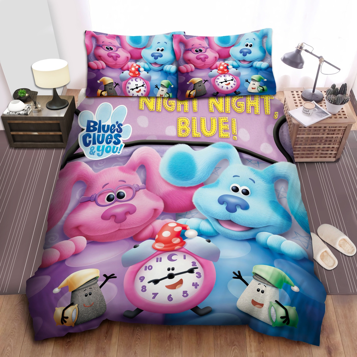 Blue's Clues Pink And Blue Dogs On Bed With 3 Clocks Bed Sheets Spread Comforter Duvet Cover Bedding Set - Unique Anime Apparel for Fans