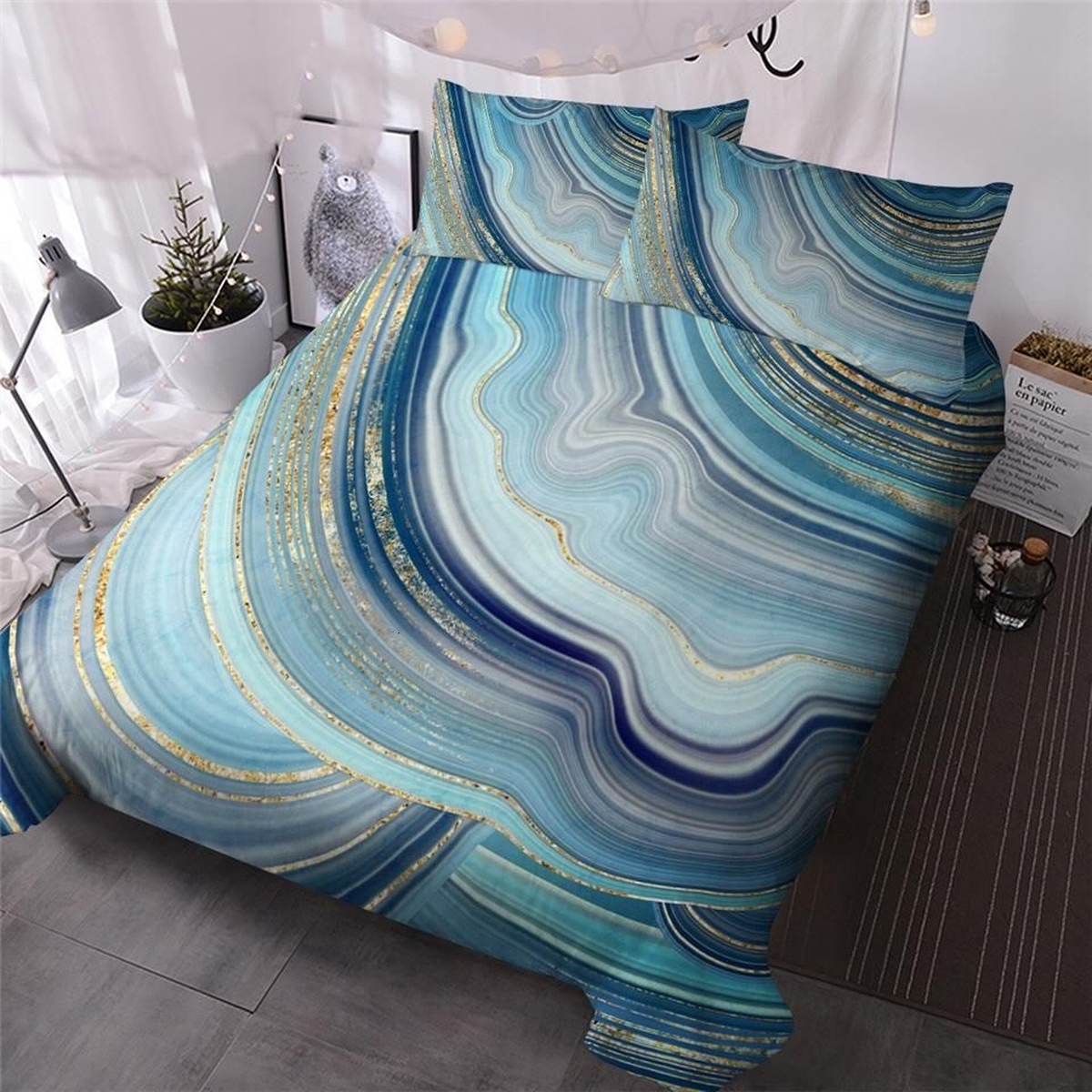 Blues Gold Marble Bed Sheets Spread Duvet Cover Bedding Set - Unique Anime Apparel for Fans