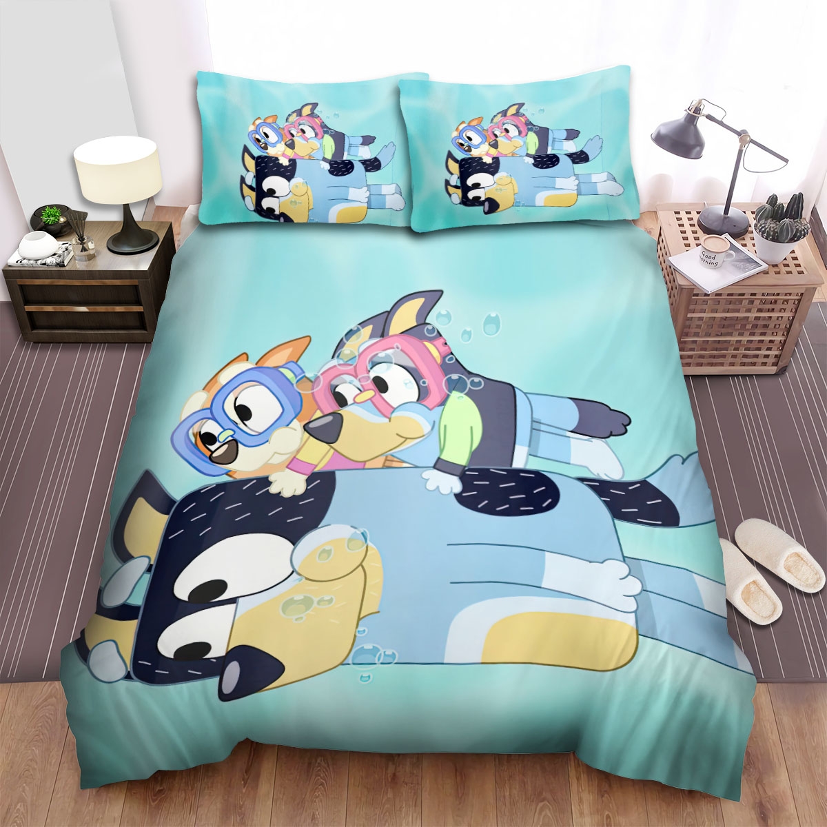 Bluey & Bingo Diving With Dad Bed Sheets Spread Duvet Cover Bedding Set - Unique Anime Apparel for Fans