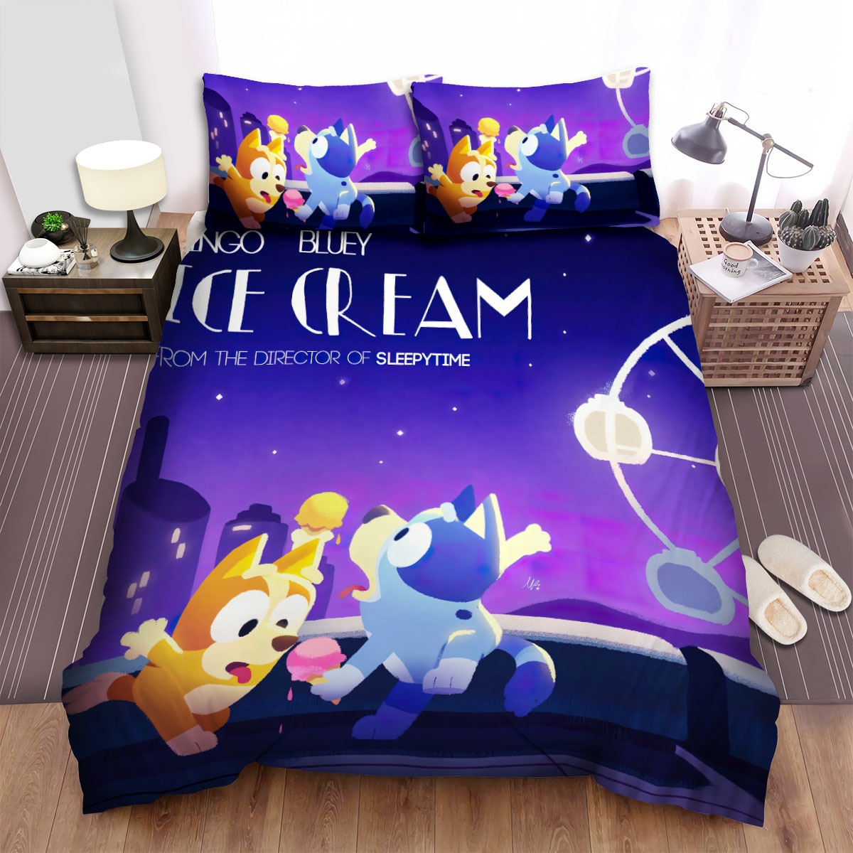 Bluey & Bingo Ice Cream As La La Land Poster Style Bed Sheets Spread Duvet Cover Bedding Set - Unique Anime Apparel for Fans