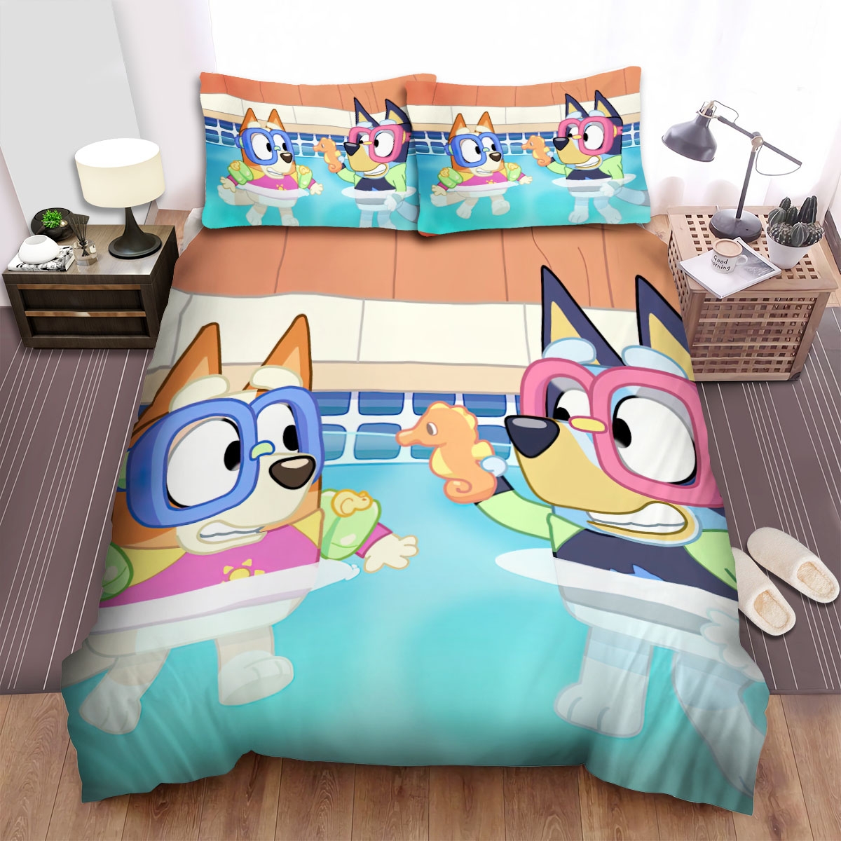 Bluey & Bingo In Swimming Pool Bed Sheets Spread Duvet Cover Bedding Set - Unique Anime Apparel for Fans