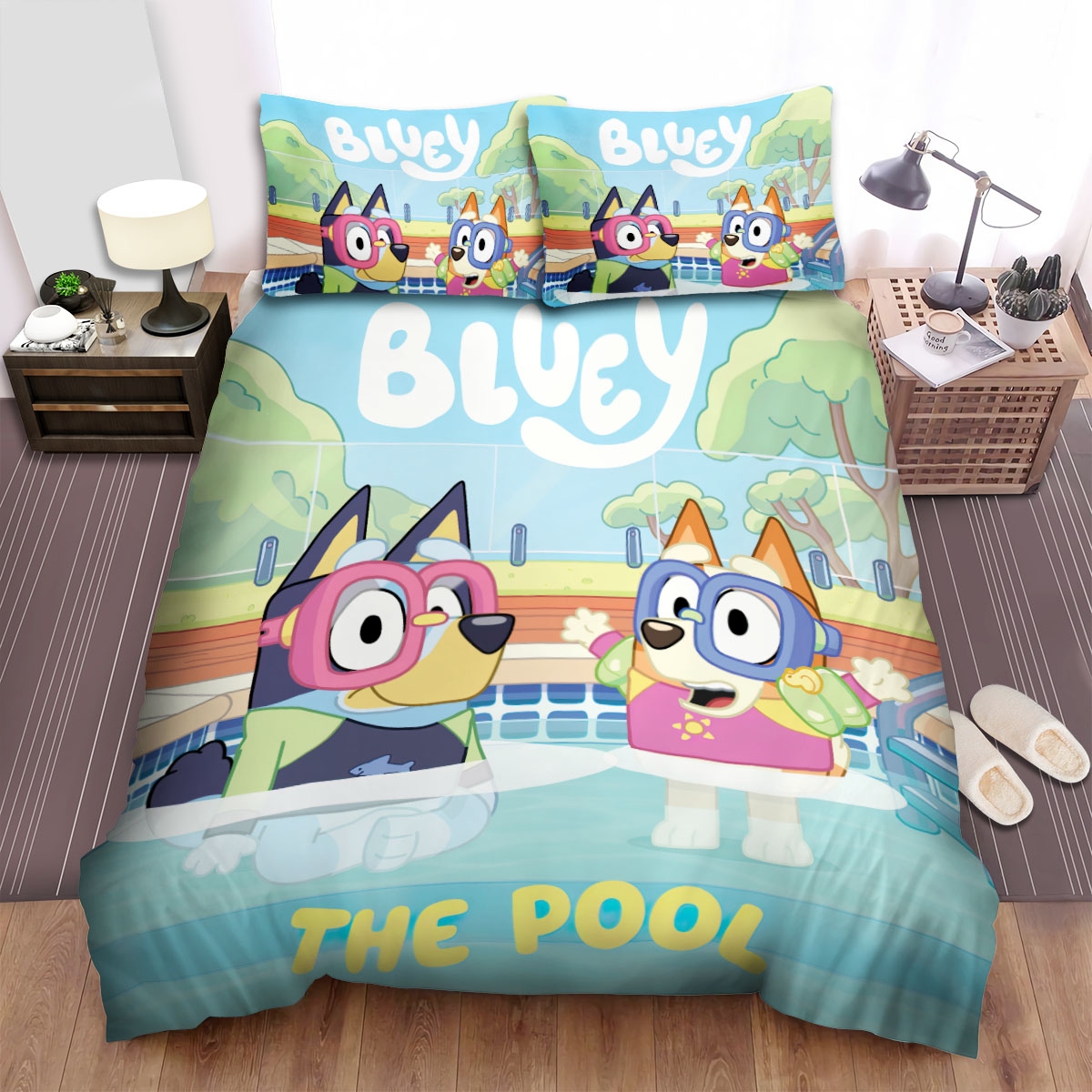 Bluey & Bingo In The Pool Bed Sheets Spread Duvet Cover Bedding Set - Unique Anime Apparel for Fans