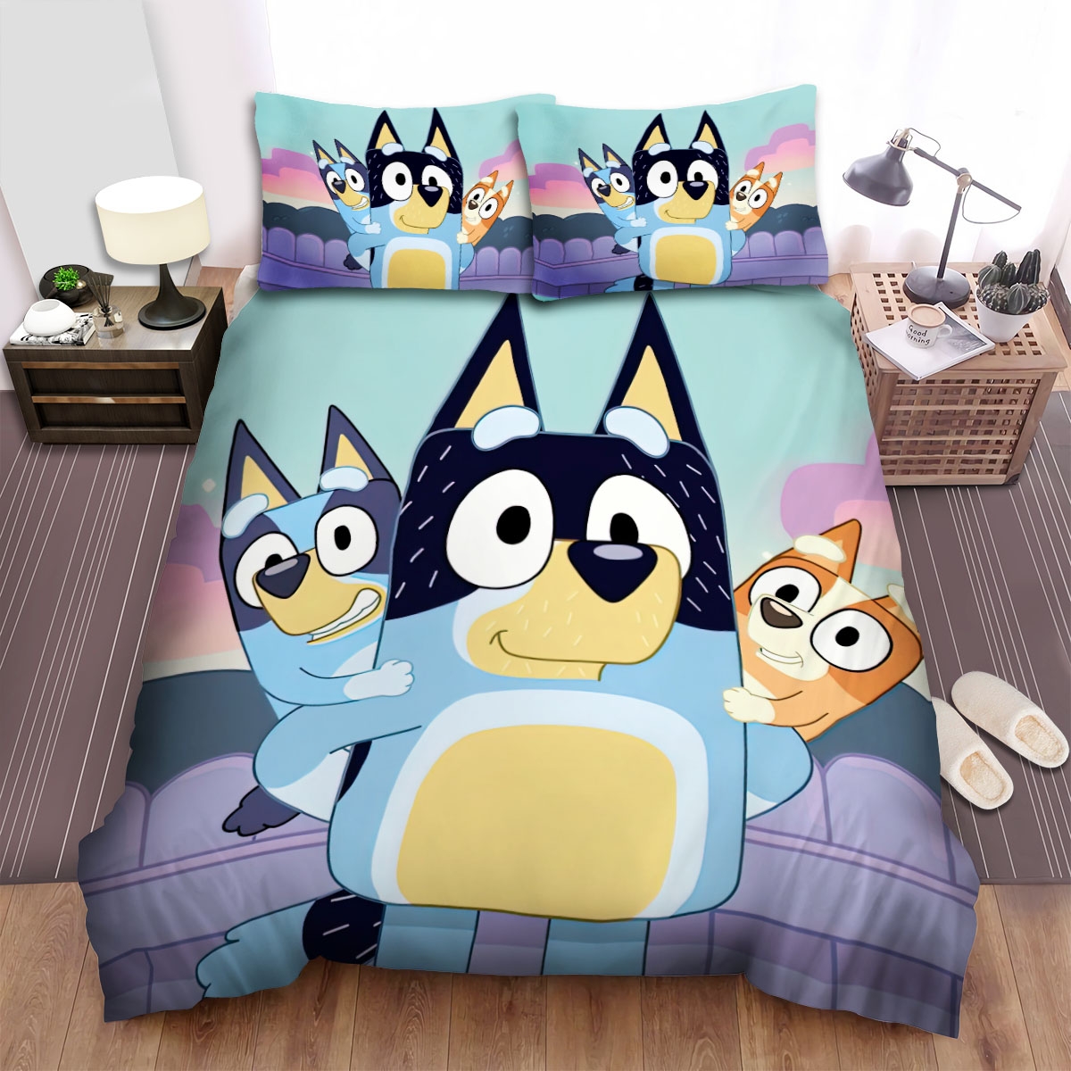 Bluey & Bingo On Dad's Back Bed Sheets Spread Duvet Cover Bedding Set - Unique Anime Apparel for Fans