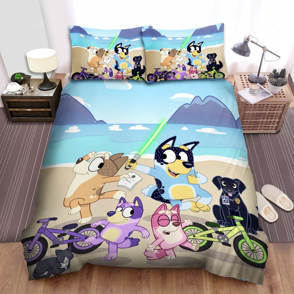 Bluey Characters Playing By The Beach Bed Sheets Spread Duvet Cover Bedding Set - Unique Anime Apparel for Fans