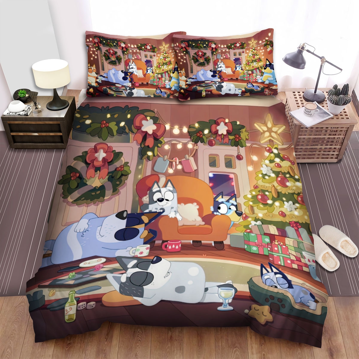 Bluey The Heelers On Christmas Night Bed Sheets Spread Duvet Cover Bedding Set - Unique Anime Apparel for Fans