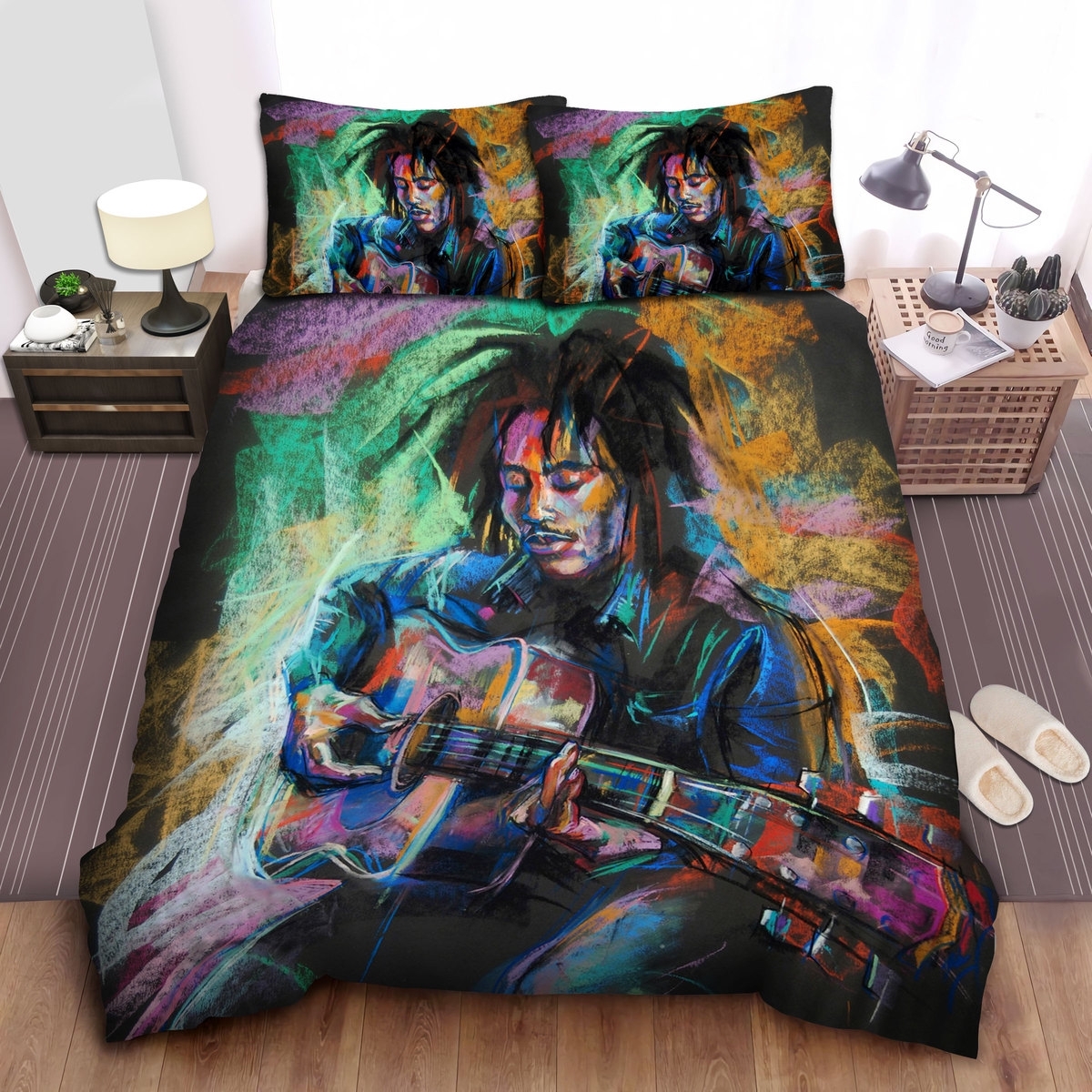 Bob Marley And His Guitar Wax Color Painting Bed Sheets Spread Duvet Cover Bedding Set - Unique Anime Apparel for Fans