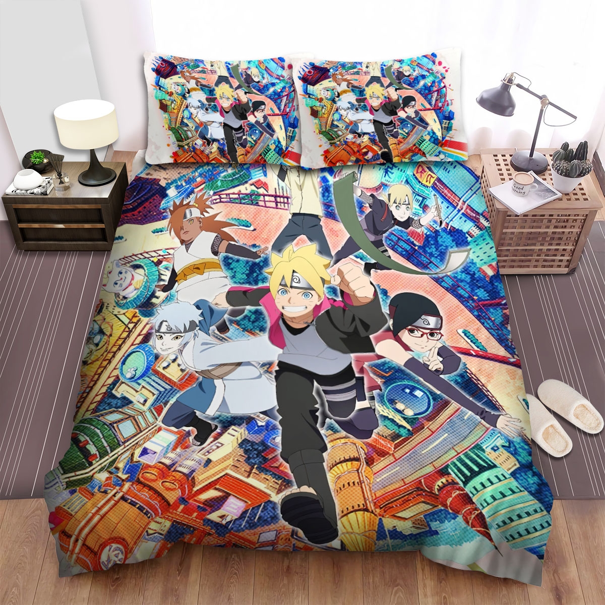 Boruto Naruto Next Generations Movie Buildings Behind Photo Bed Sheets Spread Comforter Duvet Cover Bedding Set - Unique Anime Apparel for Fans