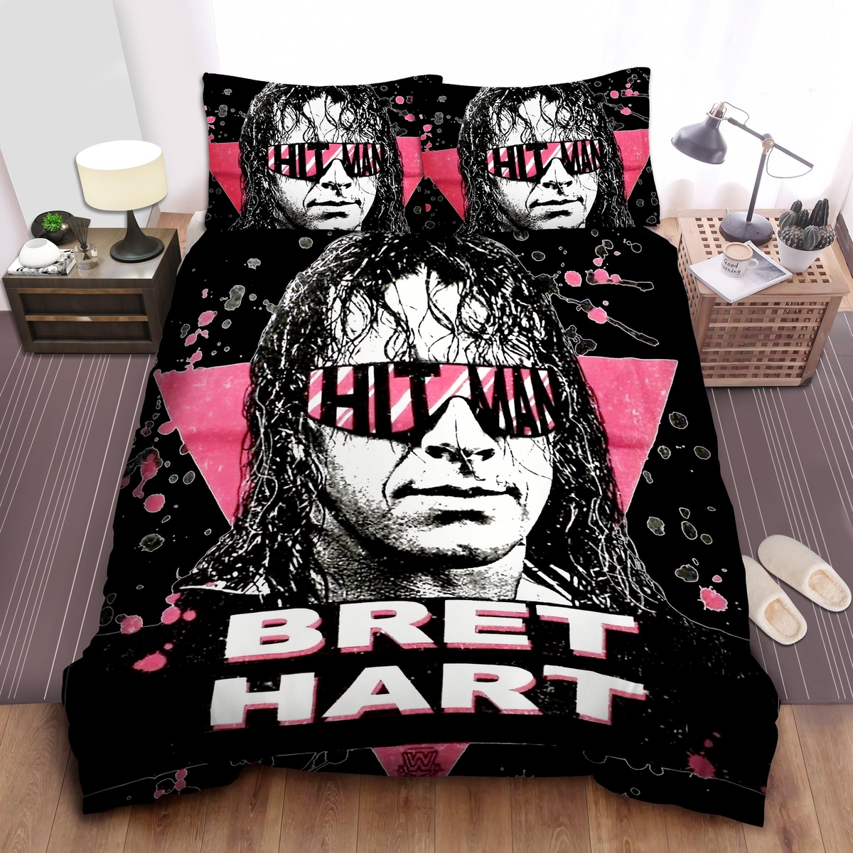 Bret The Hitman Hart With Super Cool Glasses Painting Bed Sheet Spread Duvet Cover Bedding Set - Unique Anime Apparel for Fans