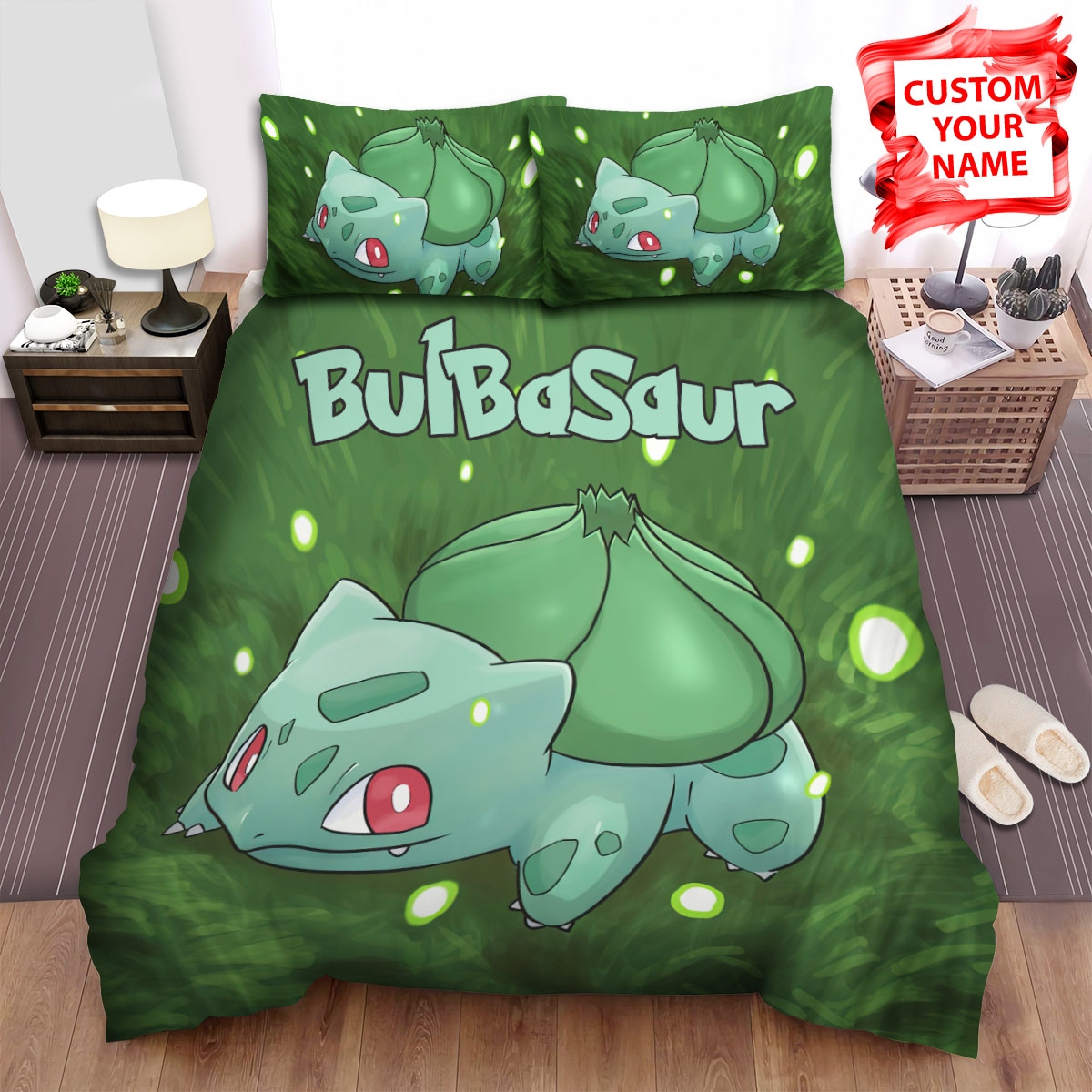 Bulbasaur On Grass Light Beam Bed Sheets Spread Duvet Cover Bedding Set - Unique Anime Apparel for Fans
