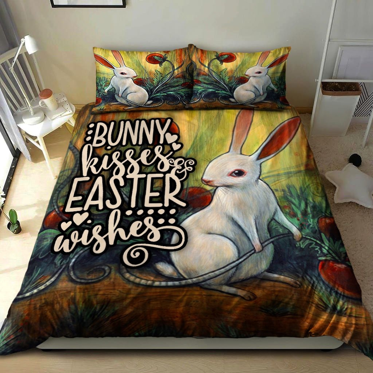 Bunny Kisses And Easter Wishes Rabbit Bed Sheets Spread Duvet Cover Bedding Set - Unique Anime Apparel for Fans