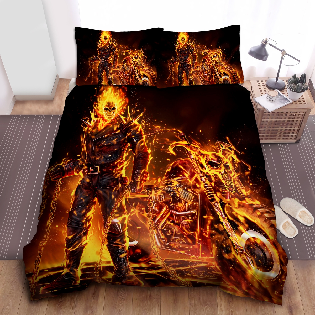 Burning Skull Motorcycle Bed Sheets Spread Duvet Cover Bedding Set - Unique Anime Apparel for Fans