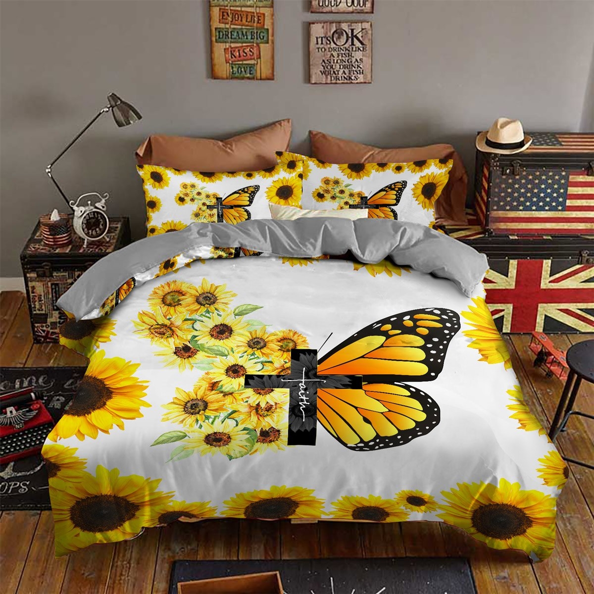 Butterfly And Sunflower Faith Bed Sheets Spread Duvet Cover Bedding Set - Unique Anime Apparel for Fans