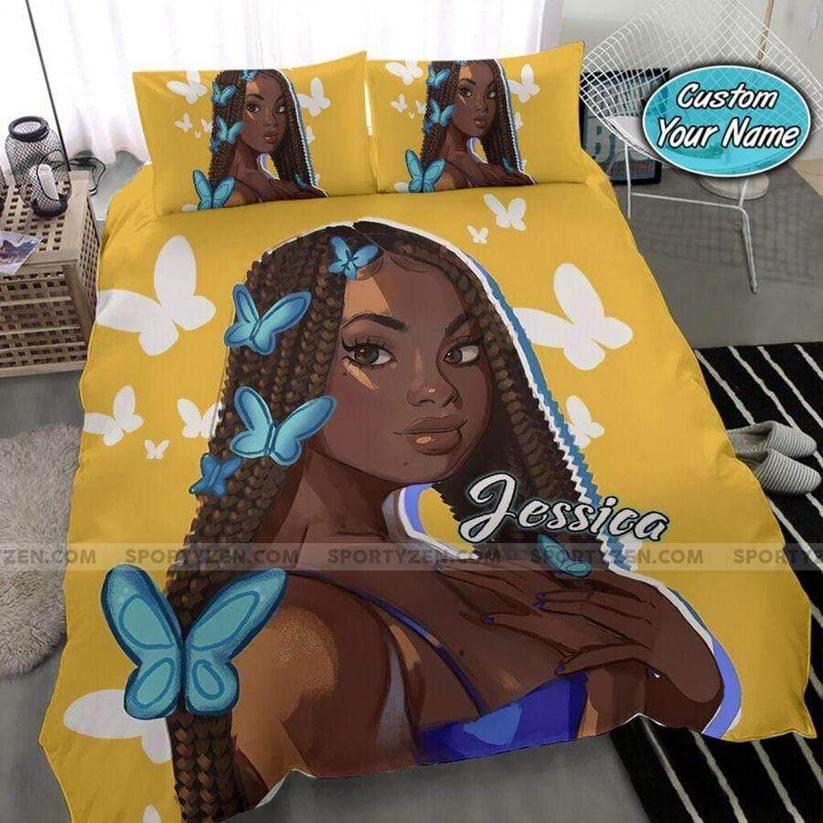 Butterfly On Hair Beautiful Black Woman Custom Name Duvet Cover Bedding Set - Unique Anime Apparel for Fans