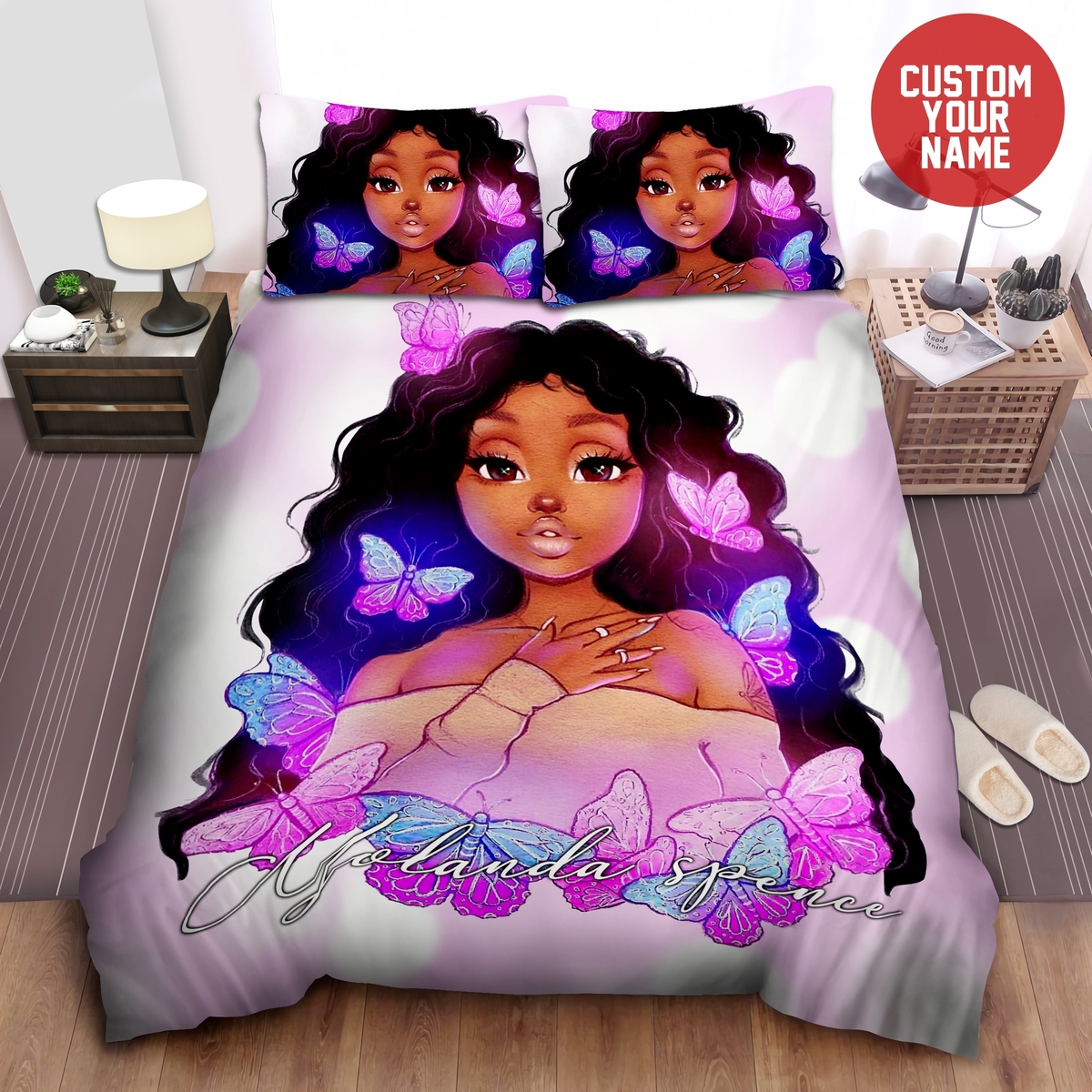 Butterfly Pink Black Girl Personalized Custom Name Duvet Cover Bedding Set - Unique Anime Apparel for Fans