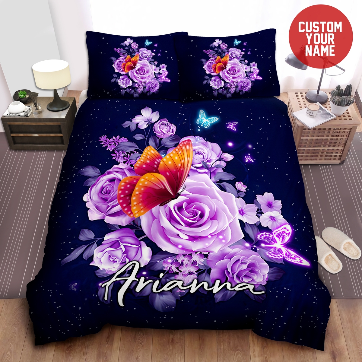Butterfly Purple Flower Custom Name Duvet Cover Bedding Set - Unique Anime Apparel for Fans